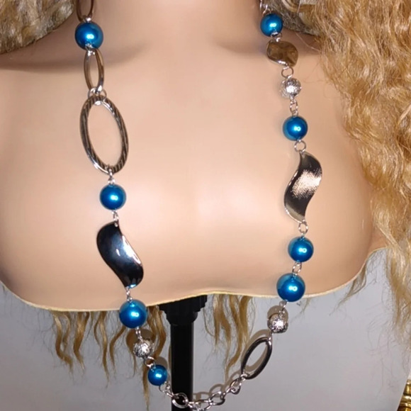 Long Blue Silver Bead Adjustable Necklace Earrings - Picture 3 of 4